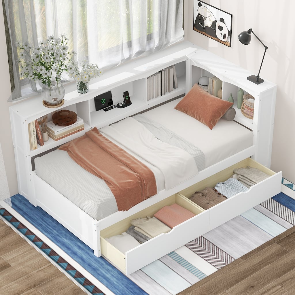 Twin Size Daybed with 2 Storage Drawers, Cabinets, and USB Ports