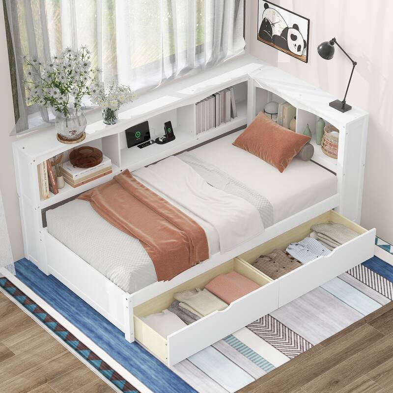 Twin Size Daybed with Storage Drawers, Cabinets and USB Charging Ports in White - White