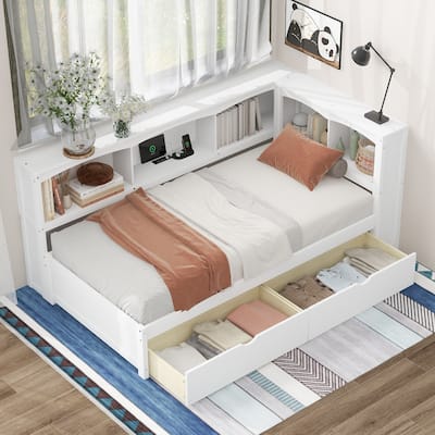 White Twin Size Daybed with 2 Storage Drawers, Cabinets, and USB Ports