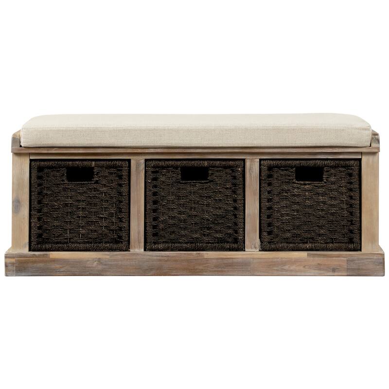 Rustic Storage Bench with 3 Removable Classic Rattan Basket , Entryway