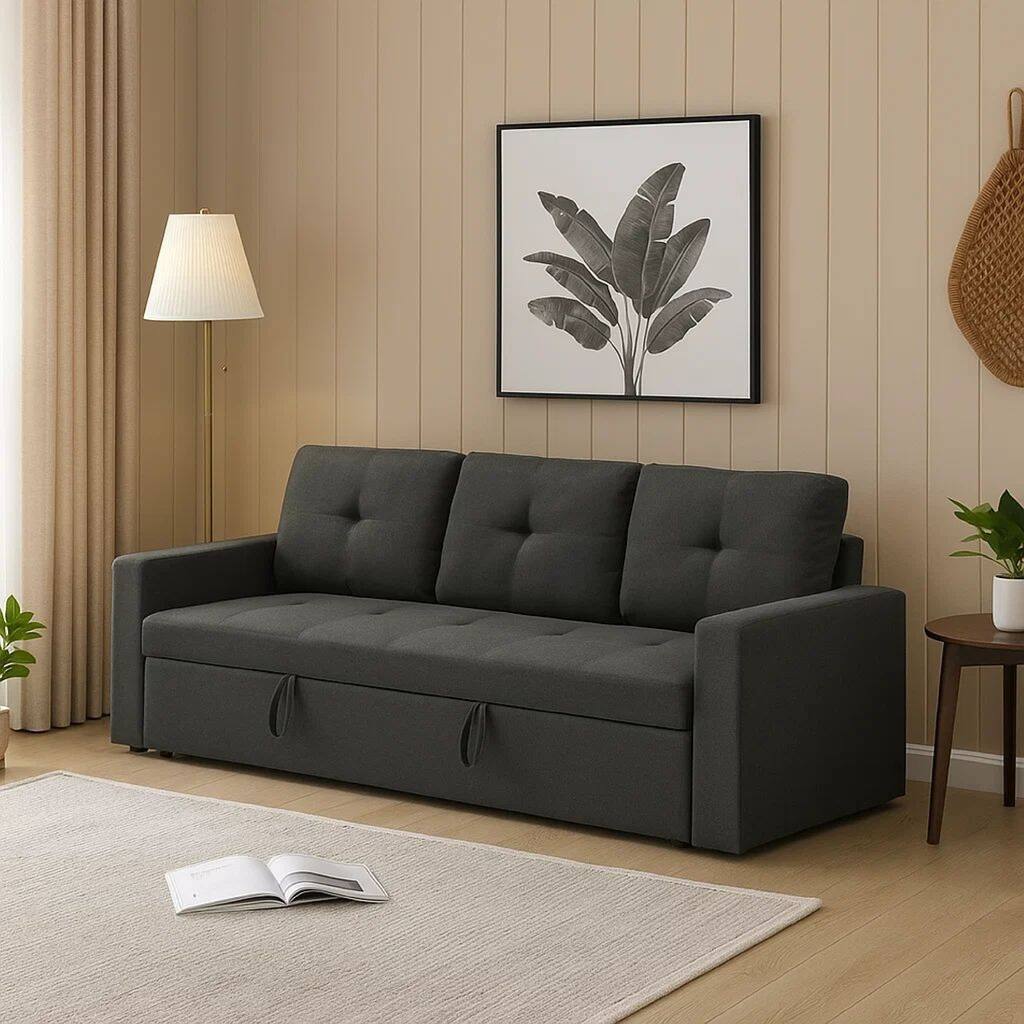 Biry Pull Out Sleeper Sofa Bed, Tufted Cushions, Dark Gray Fabric