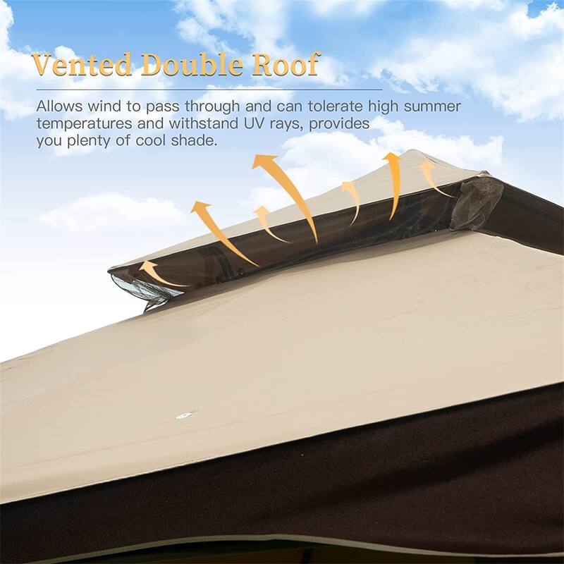 Metal Frame Double Roof Soft Top Patio Gazebo Canopy Tent - khaki