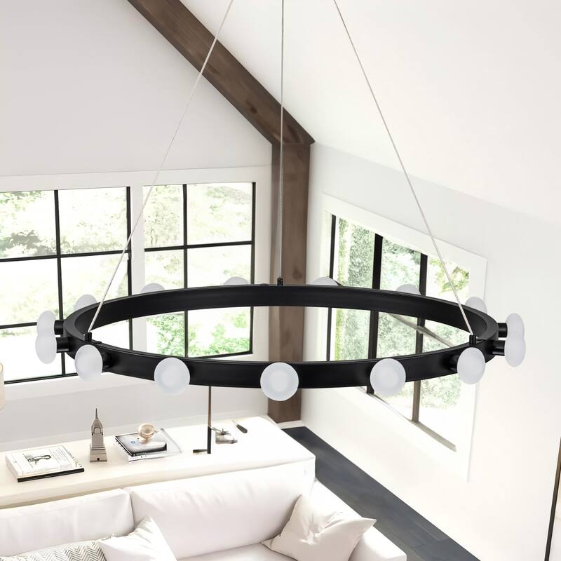 15/24-Light Mid-Century Modern Black Integrated LED Large Wagon Wheel Chandelier for Dining Room/Living Room