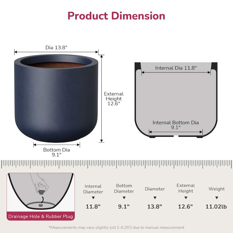 Concrete Round Planter with Enhanced Interior Outdoor Indoor Pot with Drainage Holes