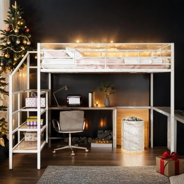 slide 2 of 26, Full Size Metal Loft Bed with Desk and Lateral Storage Ladder, White White