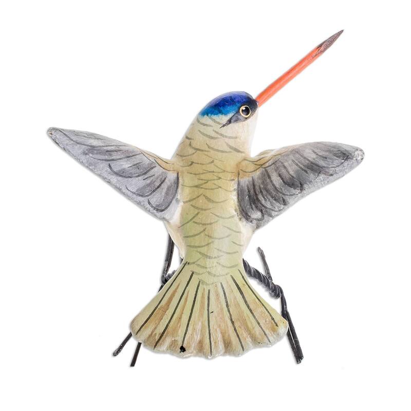 Handmade Violet-Crowned Hummingbird Ceramic Figurine (Guatemala) - 3.9 " L x 4.3" W x 3.0 " D