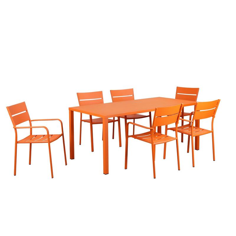 Meta 7 Piece Outdoor Dining Table, Chairs Set, Orange, Plank Seat and Back - Orange - Aluminum