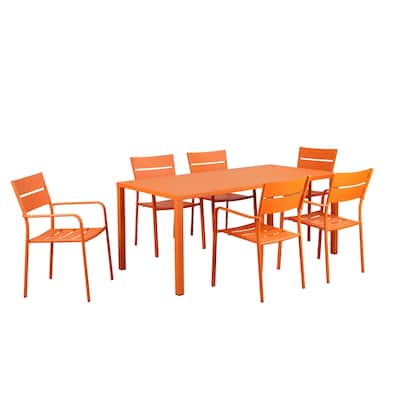 Meta 7 Piece Outdoor Dining Table, Chairs Set, Orange, Plank Seat and Back