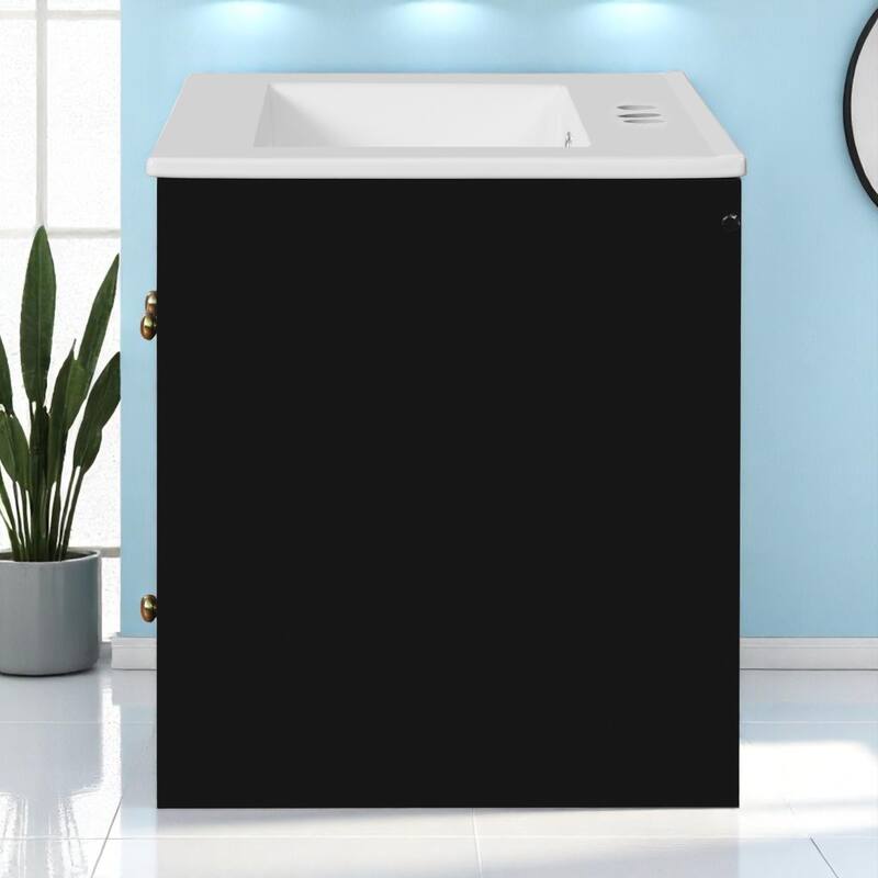 24" Wall-Mounted Bathroom Vanity with Ceramic Sink, 2 Drawers & Glass Door Cabinet, Modern Floating Design for Small Spaces