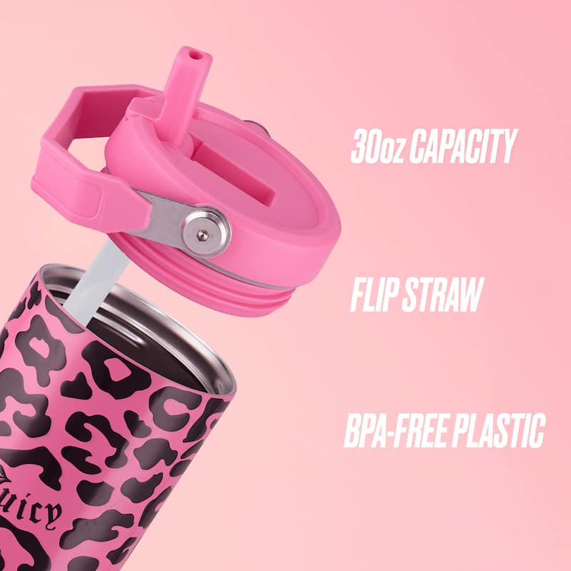 Juicy Couture Flip & Sip Hydration Stainless Steel Screw Top Tumbler with Flip Straw and Carry Handle