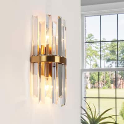 Modern 2-Light Glam Crystal Bathroom Vanity Lights Gold Wall Sconce - W6" x H12"