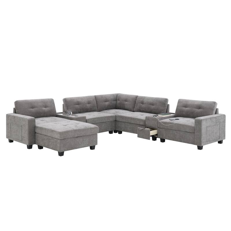 L-shape Chenille Sectional Sofa with 2 Acrylic Consoles Table Top, USB Charger, 2 Drawers, Pockets and Ottoman for Living Room