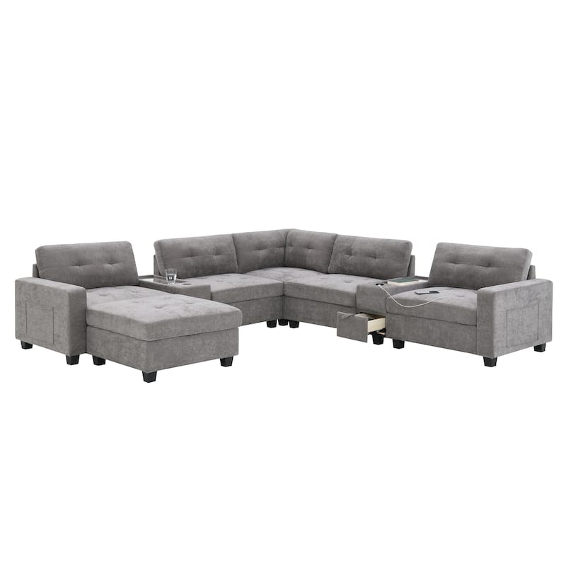 U Shaped Sectional Couch Set w/ USB Charger, Storage Drawers & Pockets