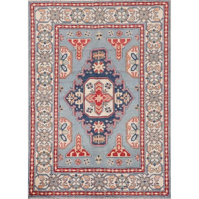 Kazak Oriental Accent Rug Handmade Blue Geometric Wool Carpet - 3'4"x 4'6"