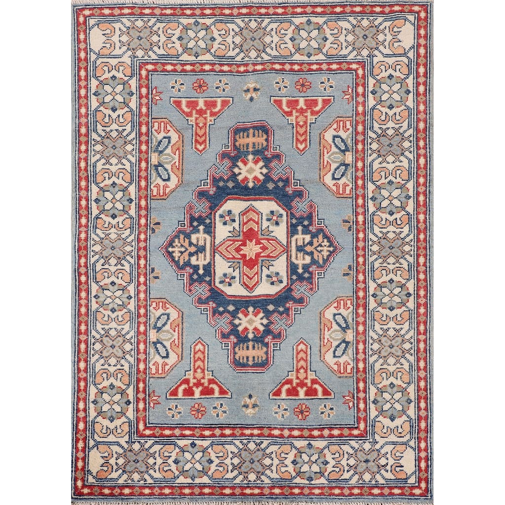 Kazak Oriental Accent Rug Handmade Blue Geometric Wool Carpet - 3'4"x 4'6"