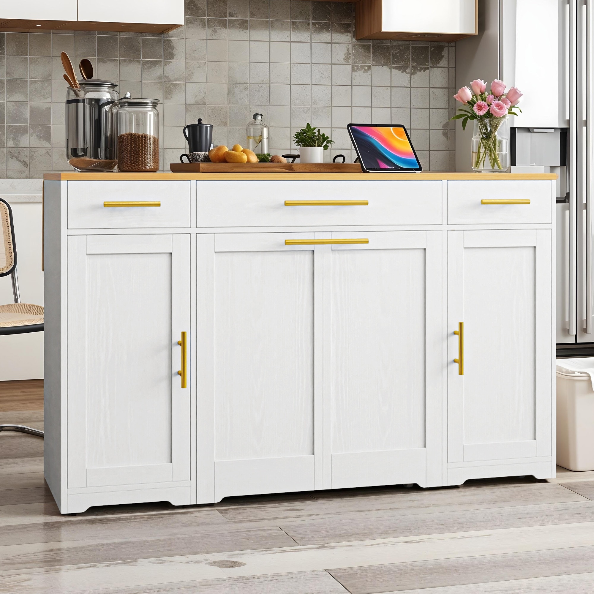 Moasis 55-inch Drop Leaf Kitchen Island With Pull Out Trash Can
