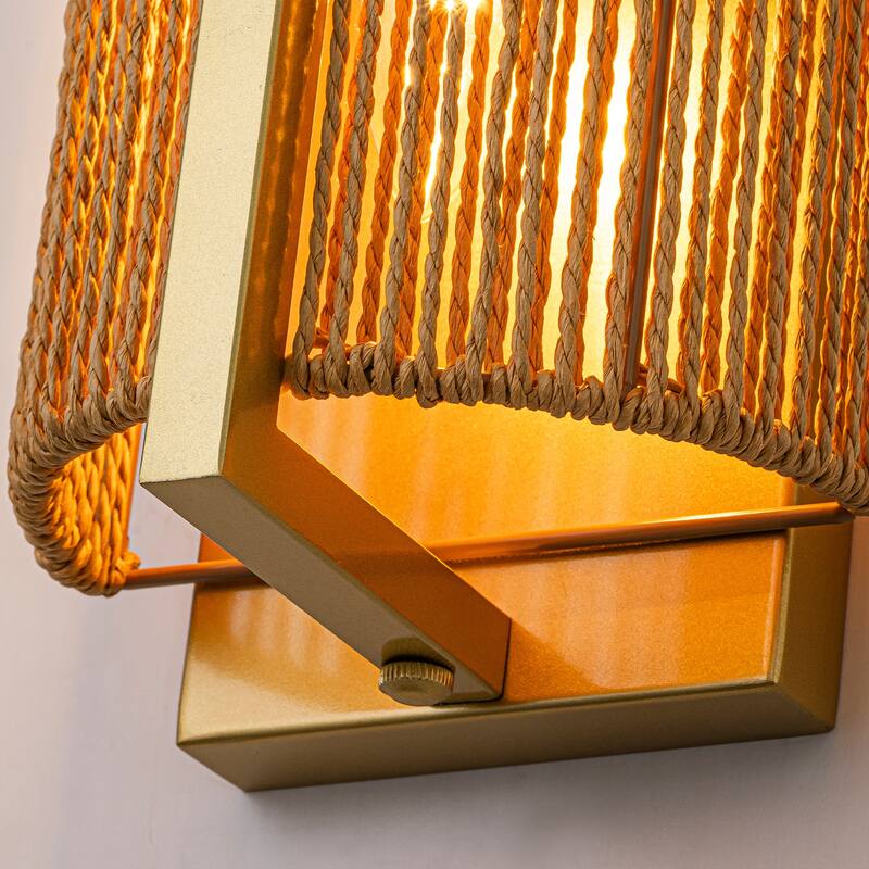 1-Light Gold Wall Sconce with Woven Rope Shade - 6.3" W × 5.1" D × 16.1" H
