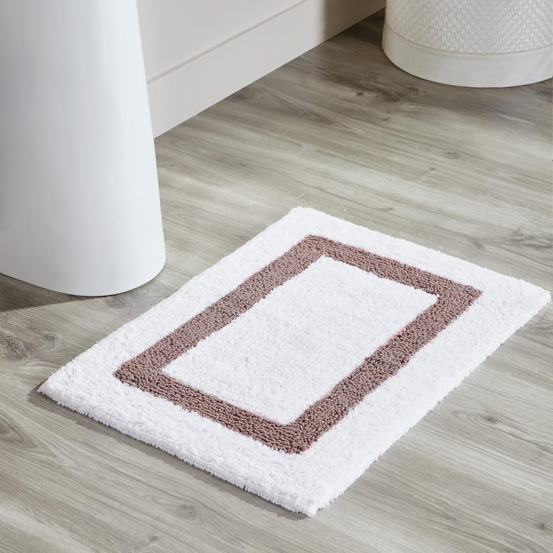 Better Trends Hotel Collection in Race Track 100% Cotton Super Absorbent Reversible Double Sided Machine Washable Bath Mat Rug - 17" x 24" Rectangle - White & Pink