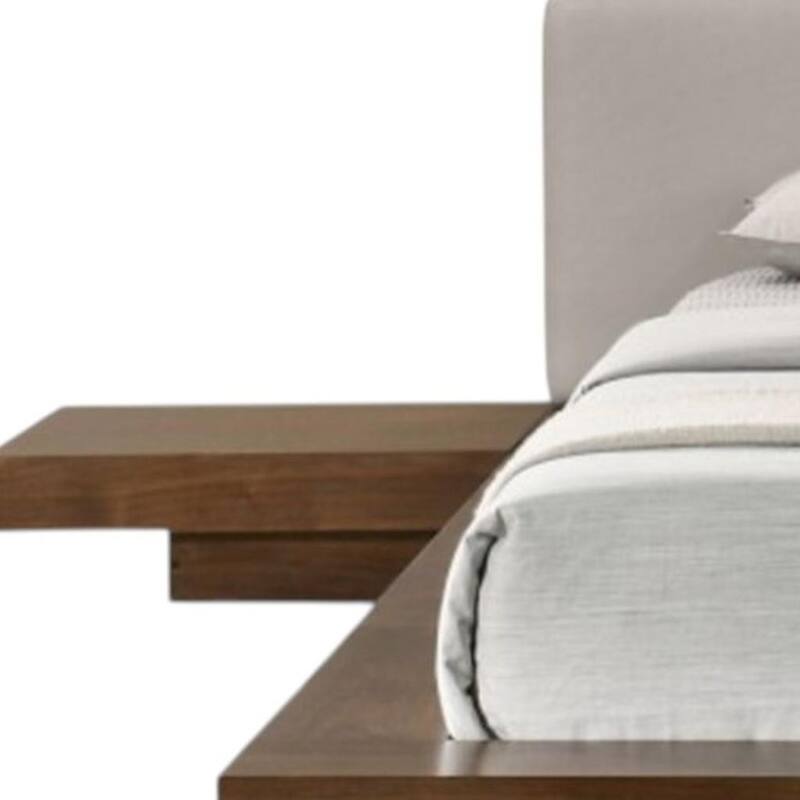 HomeRoots Gray and Walnut Wood And Faux Leather Queen Bed Frame With Attached Nightstands