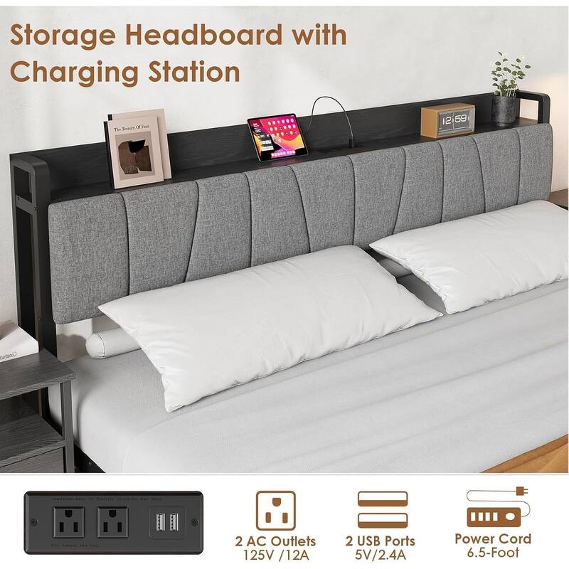 Platform Bed Frame with Charging Station and Functional Storage Headboard
