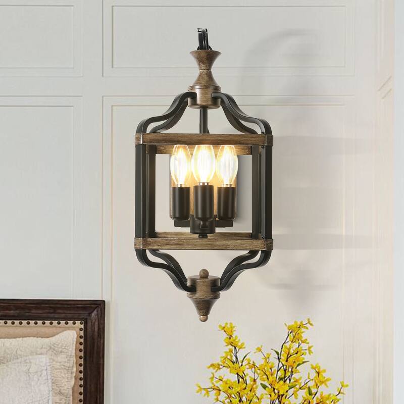 CurveCurio 17" Antique Matte Black Wall Light Metal Farme and Solid Wood Shade, 3 Light Wall Sconces - 12"*8"*17"
