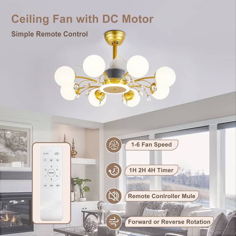 31in. Indoor Gold Modern Ceiling Fan with Light, Reversible Fandelier with Light Bulbs and Remote for Living Room
