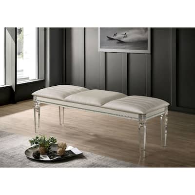 Antique Classic Pearl White 1pc Bench Only Contemporary Solid wood Acrylic Legs Crystal And Mirror Accent
