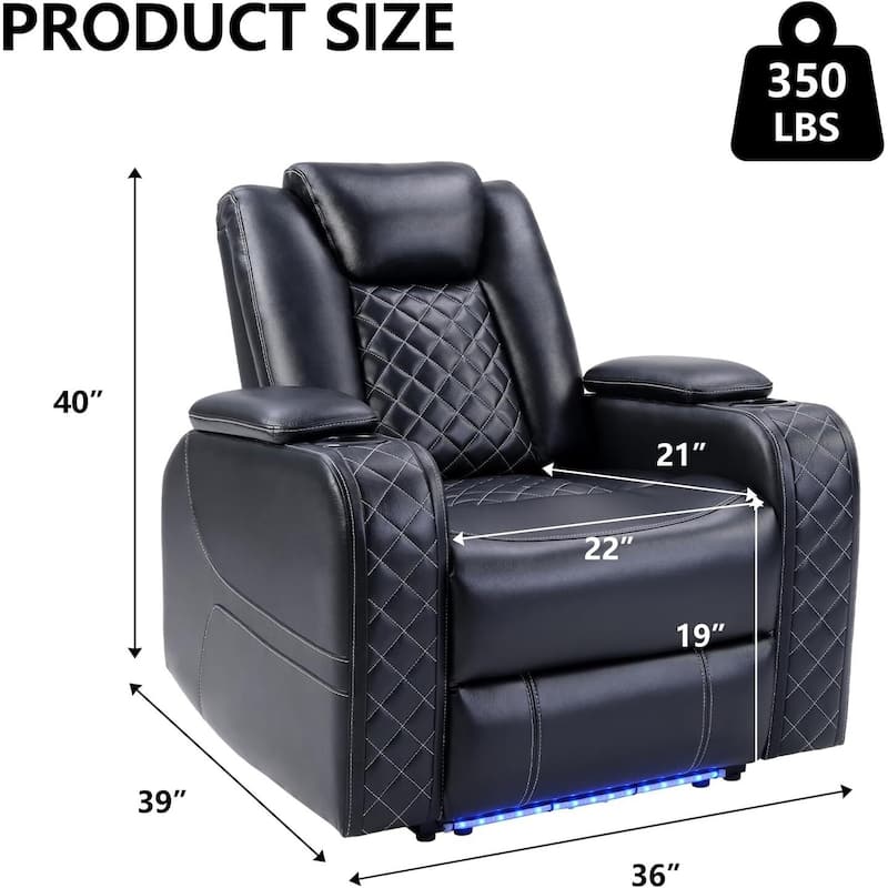 Power Recliner Chair with USB/Type-C Ports and Ambient Lighting, Faux Leather Home Theater Seating with Adjustable Headrest