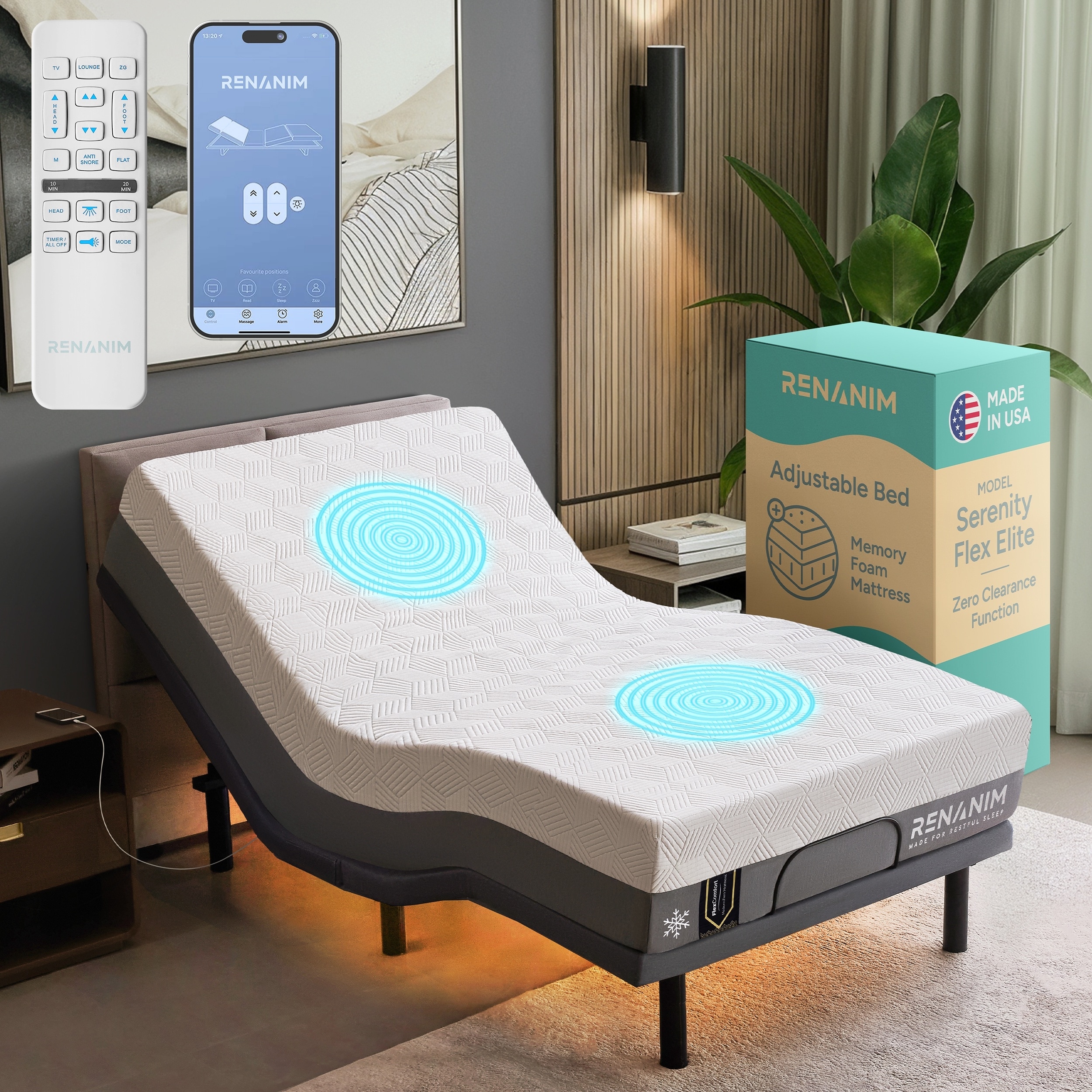 Renanim Adjustable Bed Frame with 14" Mattress and Massage