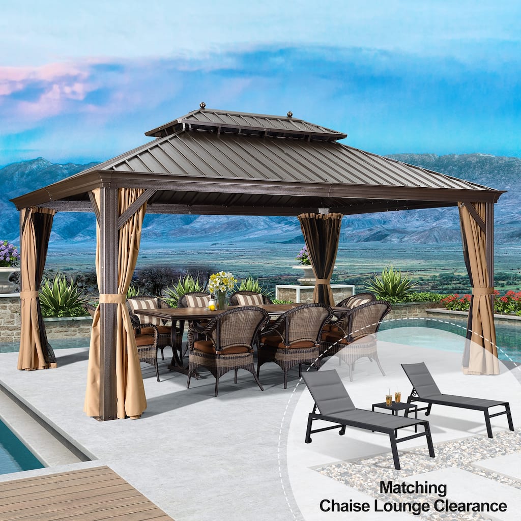 PURPLE LEAF Hardtop Patio Gazebo 12 x 16FT Galvanized Steel Roof Awning w Chaise Lounge