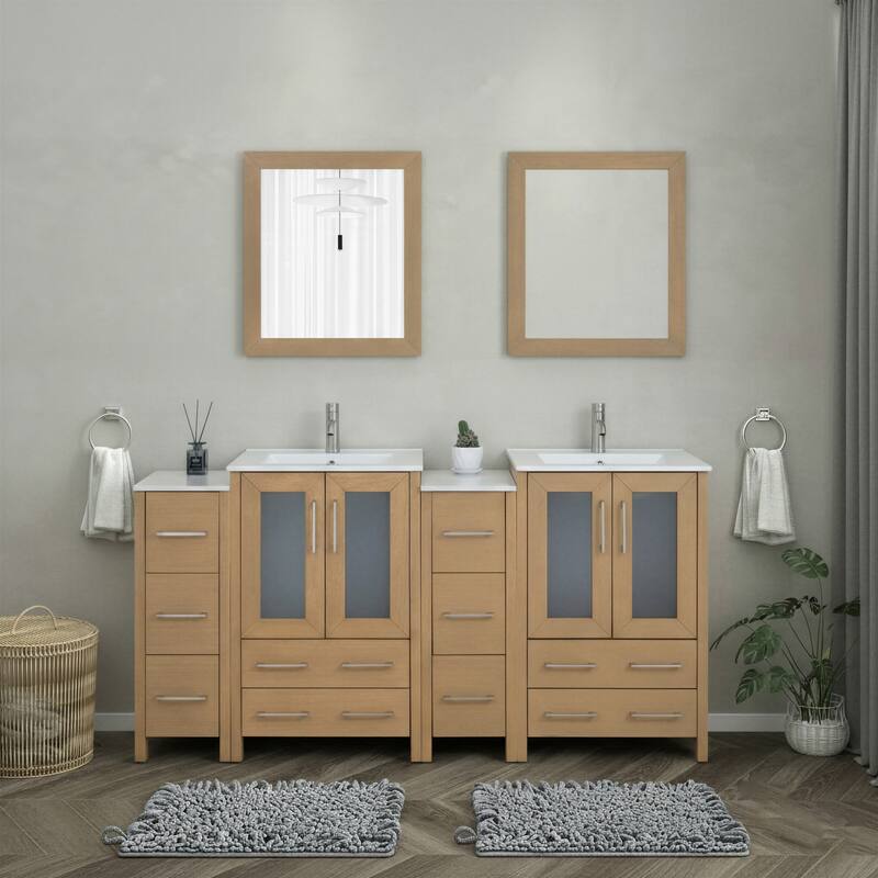Vanity Art 72 in. Double Sink Bathroom Vanity with Top and Mirrors - 72 X 18.1 X 35.8 - Natural Oak