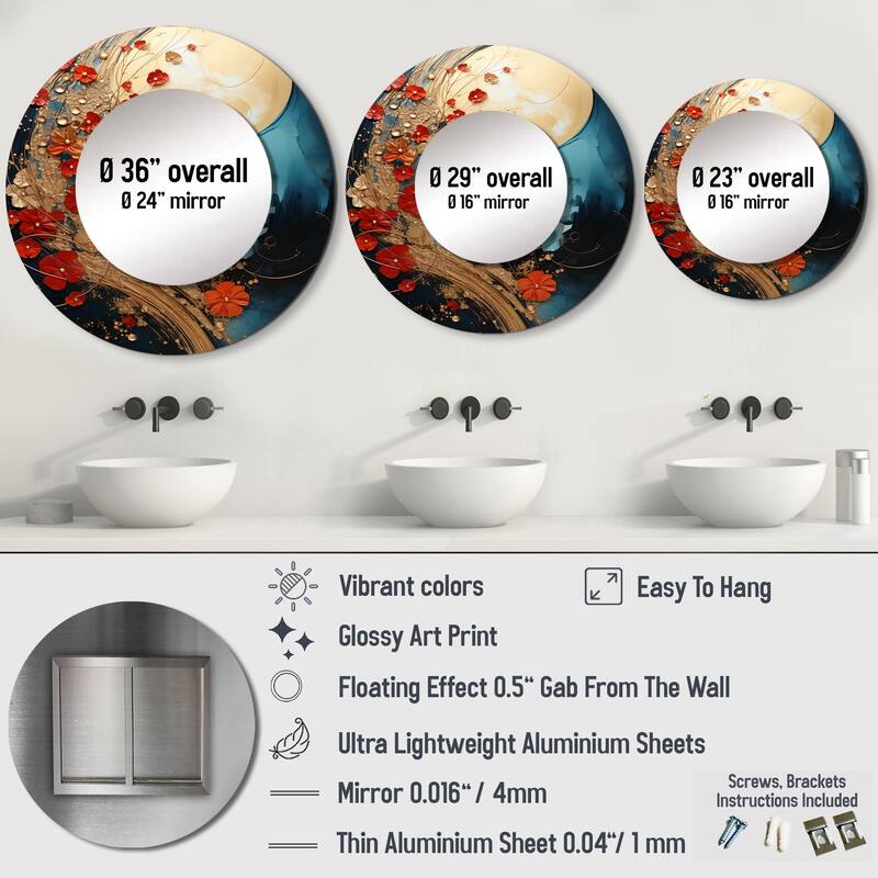 Designart "Gold Red Abstract Fractal Gold And Red" Abstract Living Room Mirror - Gold Modern Round Mirror