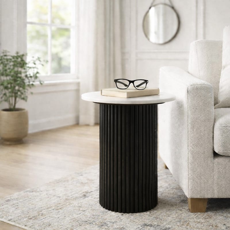 Modern Round Stone Top End Side Table with Mango Wood Base - 22" - 22.25"