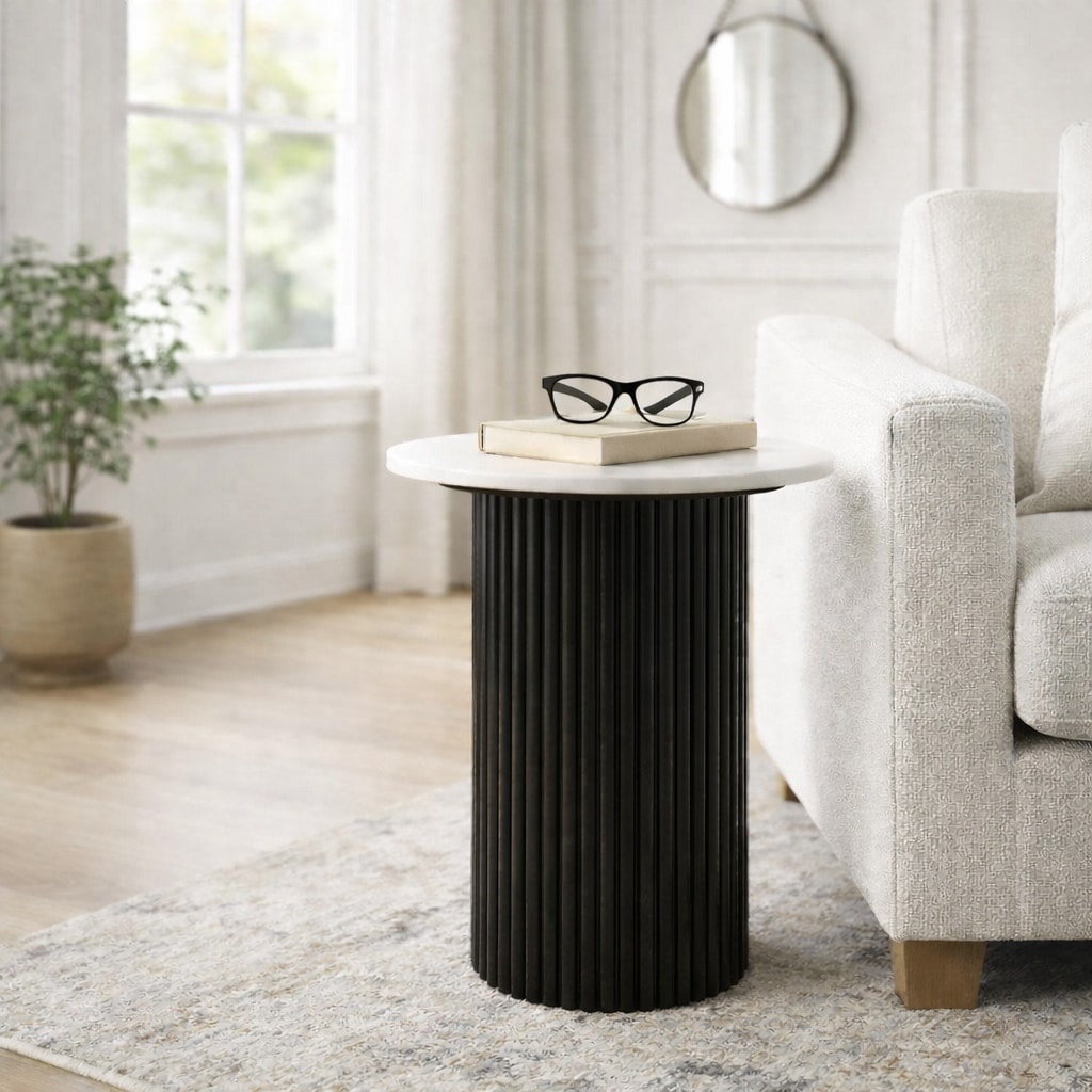 Modern Round Stone Top End Side Table with Mango Wood Base - 22" - 22.25"