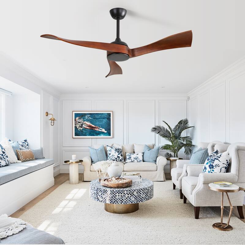 3 Solid Wood Blade Propeller Ceiling Fan / 52 Inch Ceiling Fan Without Light / 6 Speed Reversible DC Motor Ceiling Fan - Black