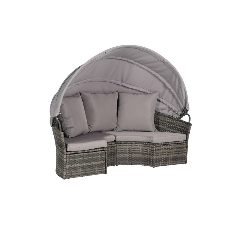 5-Piece Outdoor Patio Conversation Set Wicker Daybed Set with Canopy, Storable Table&Soft Cushions