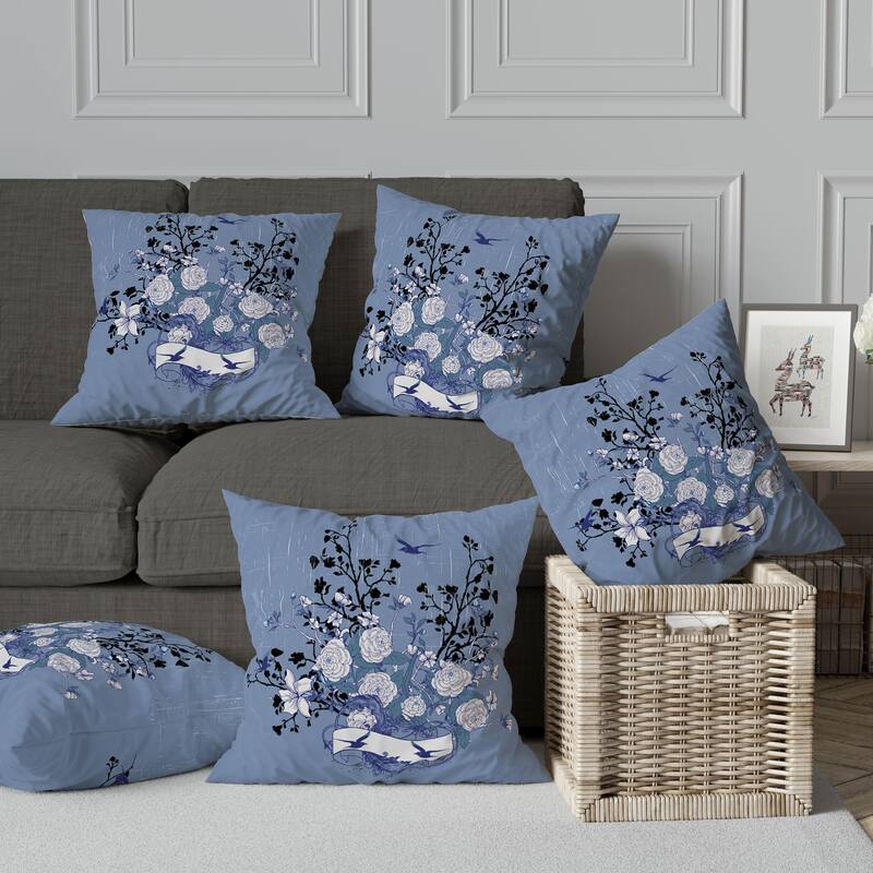 Elegant Floral Bouquet Broadcloth Pillow With Removable Cover in Blue White Black