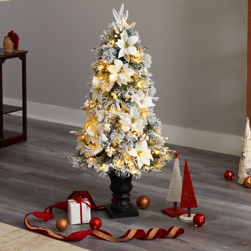 4ft. Flocked Artificial Christmas Tree with 223 Branches & 100 Warm Lights in Decorative Urn - Snowy Holiday X-Mas Glow