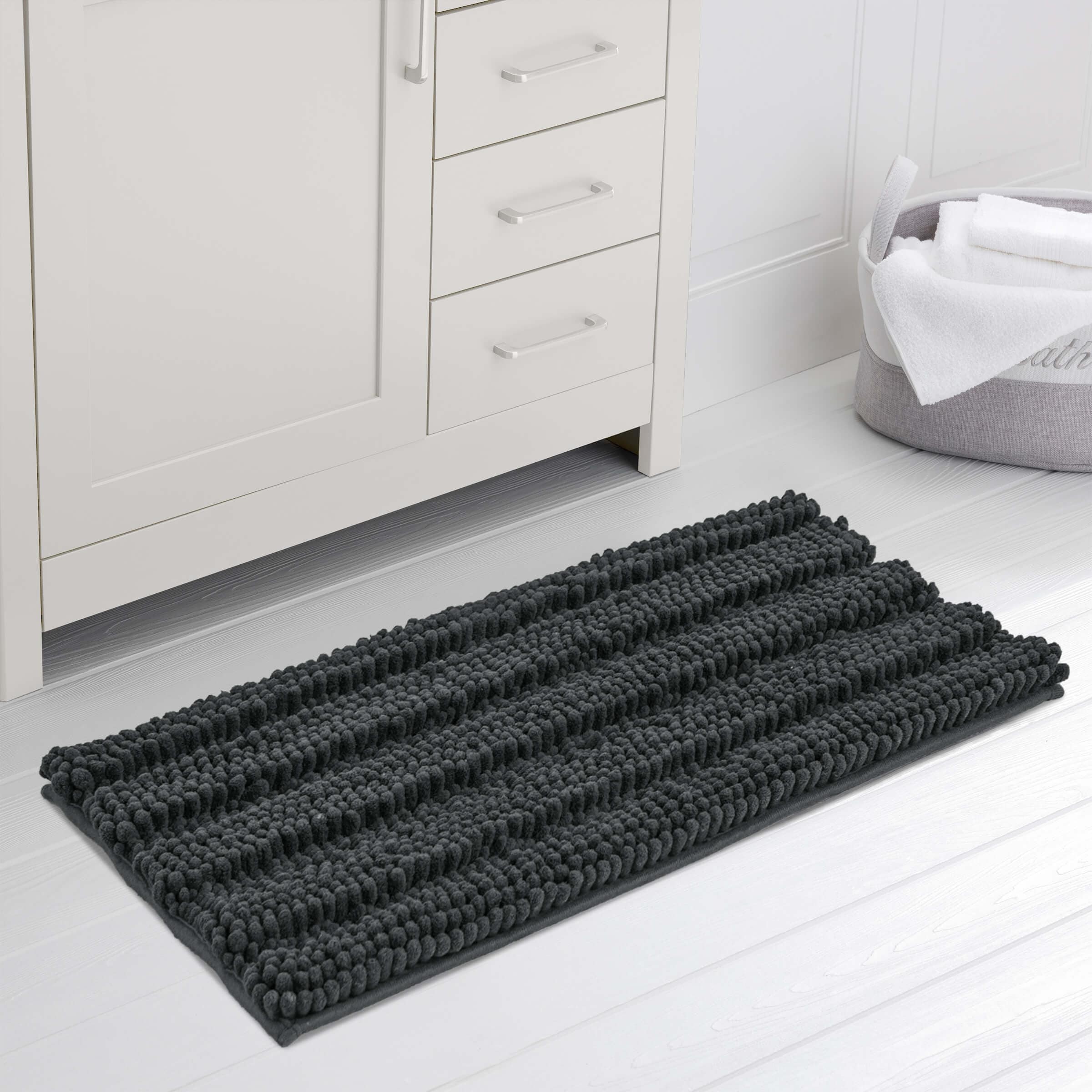 Bathroom Rug Mat Non Slip Black Extra Long Bath Mat for Bathroom Floor -  Fluffy Soft, Ultra Absorbent and Machine Washable Striped Chenille Noodle  Bath Runners …