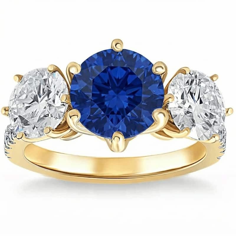 Bliss Diamond Certified 6 3/4Ct Blue Sapphire Diamond Ring Three Stone Gold Lab Grown - 7.5 - Yellow