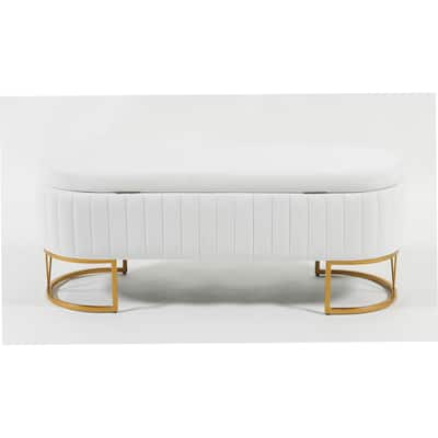 Oval Velvet Storage Bench with Metal Legs Upholstered Bedroom Bench, Modern Storage Ottoman Bench