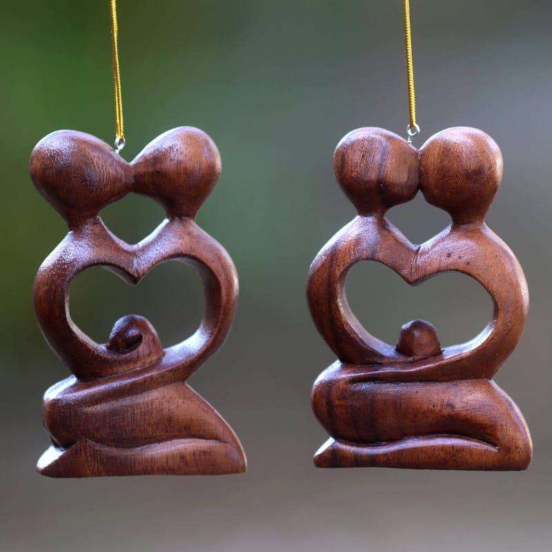 NOVICA Handmade Pair Wood Ornaments, 'Forever Together' (Indonesia) - 3.9" H x 2.4" W x 0.8" D