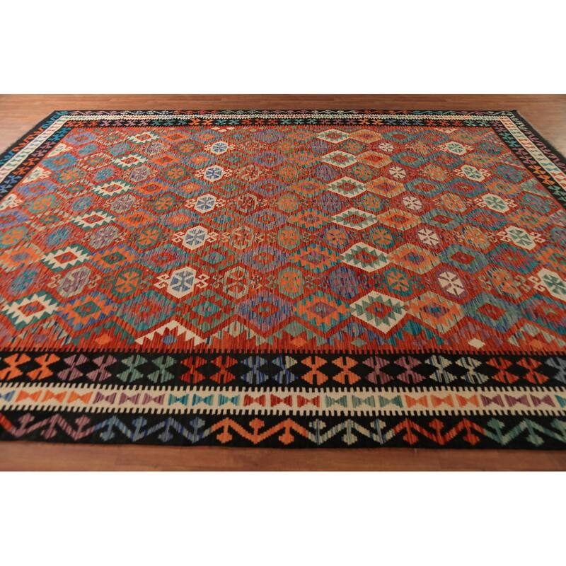 Reversible Orange Kilim Oriental Area Rug Flatweave Wool Carpet - 10'1" x 12'9"