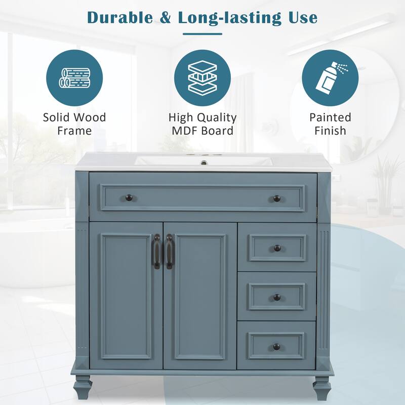36" Bathroom Vanity with Ceramic Sink, Tilt-Out Drawer, 3 Drawers, Soft-Close Doors, Solid Wood & MDF Cabinet