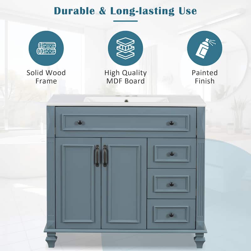 Roomfitters 36" Bathroom Vanity with Sink, Flip-Out Drawer, 3 Drawers, Soft-Close Doors, Solid Wood Cabinet