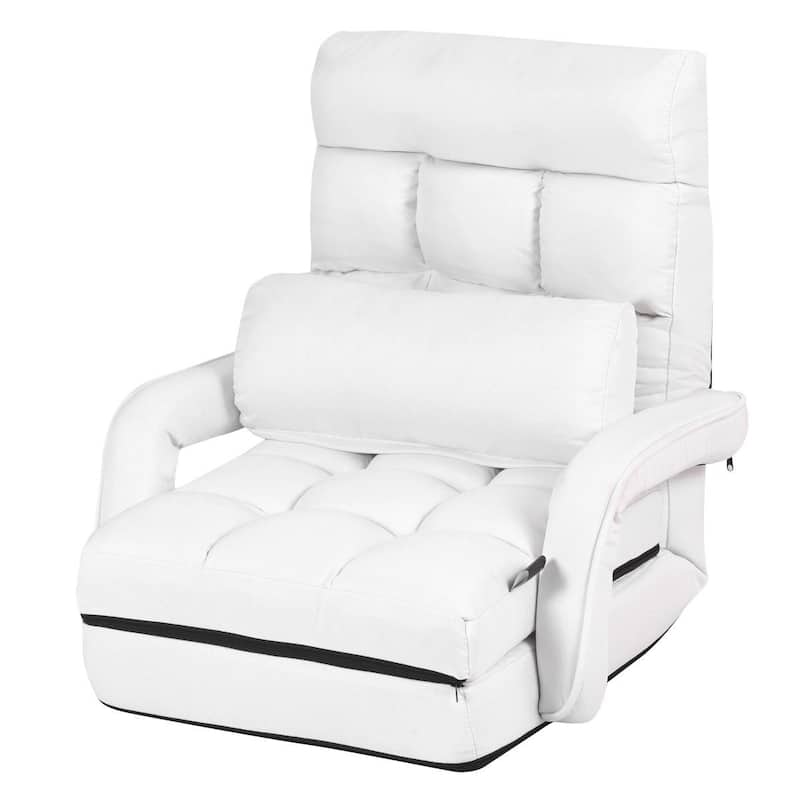 Folding Lazy Floor Chair Sofa with Armrests and Pillow-White - 22" x 26" x 29" (L x W x H)