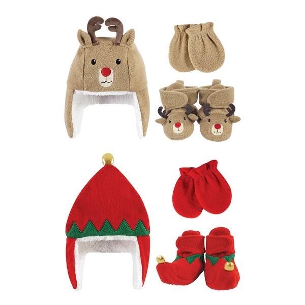 slide 1 of 1, Hudson Baby 6Pc Trapper Hat, Mitten and Bootie Set, Red Elf Reindeer 0-6 Months - Red Elf Reindeer