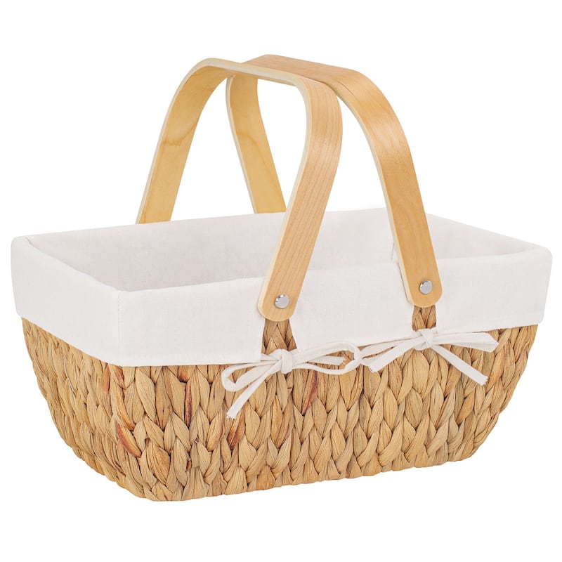 Wicker Basket with Wood Handle, Water Hyacinth Basket for Easter, Gift, Picnic - 15"D x 9.75"W x 7"H - White