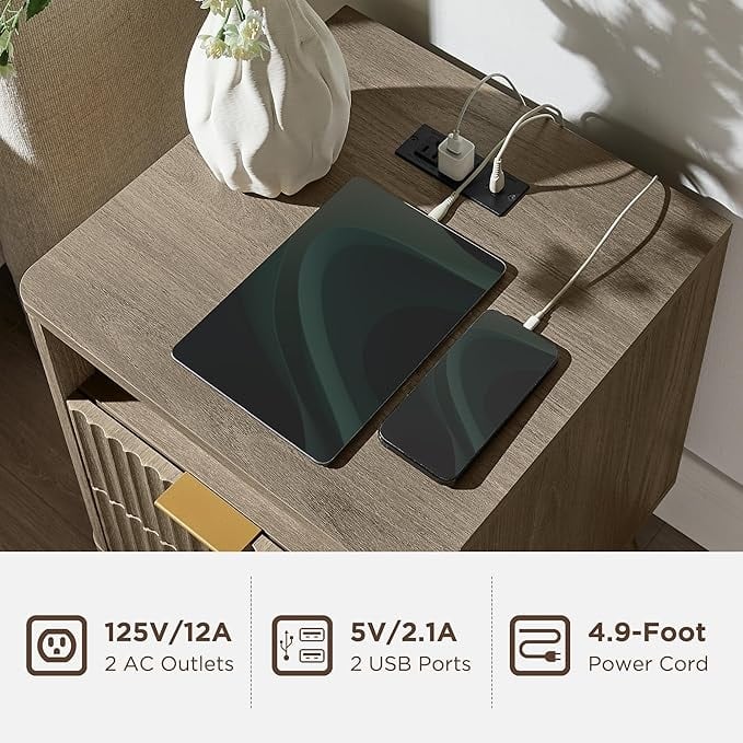 Modern Fluted Nightstand with Faux Marble Top, Side Table, End Table