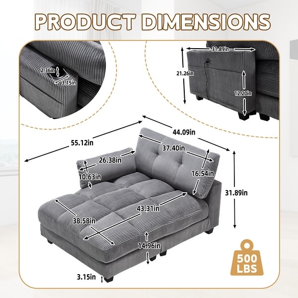 dimension image slide 3 of 6, Corduroy Lazy Chaise Lounge Upholstered Sleeper Chair Bed Daybed